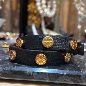 TORY BURCH Black Leather Bracelet with Gold Accents
